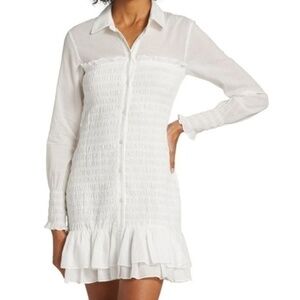 Veronica Beard White Smocked Mini Shirt Dress